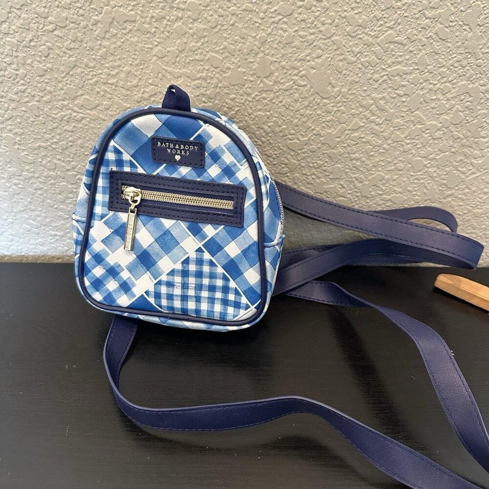 Bath and Body Works Gingham Mini Backpack Bag Blue White
